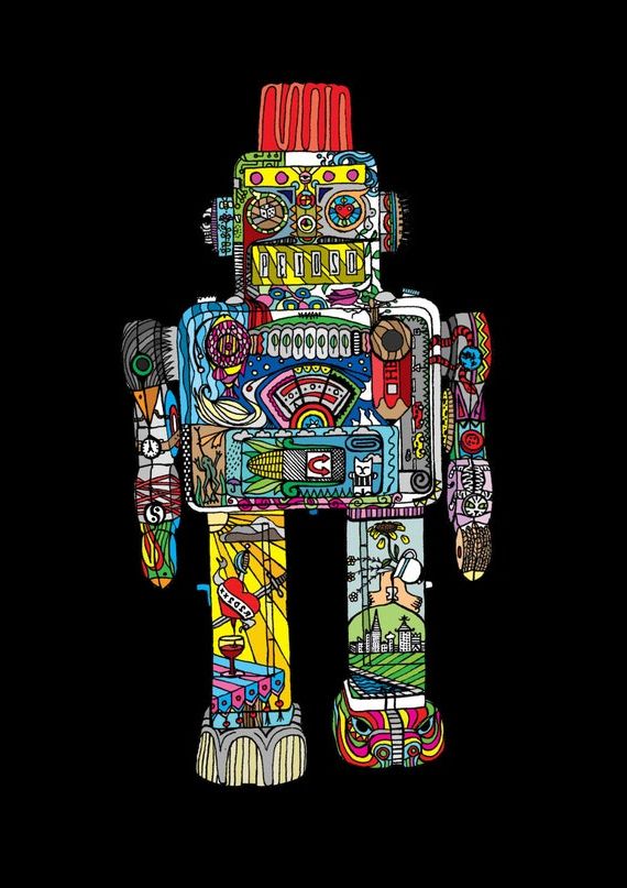 Famous Items Similar To Robot, Robot Tattoo , Art, Wall Art, A4 Intended For Robot Wall Art (View 17 of 20)