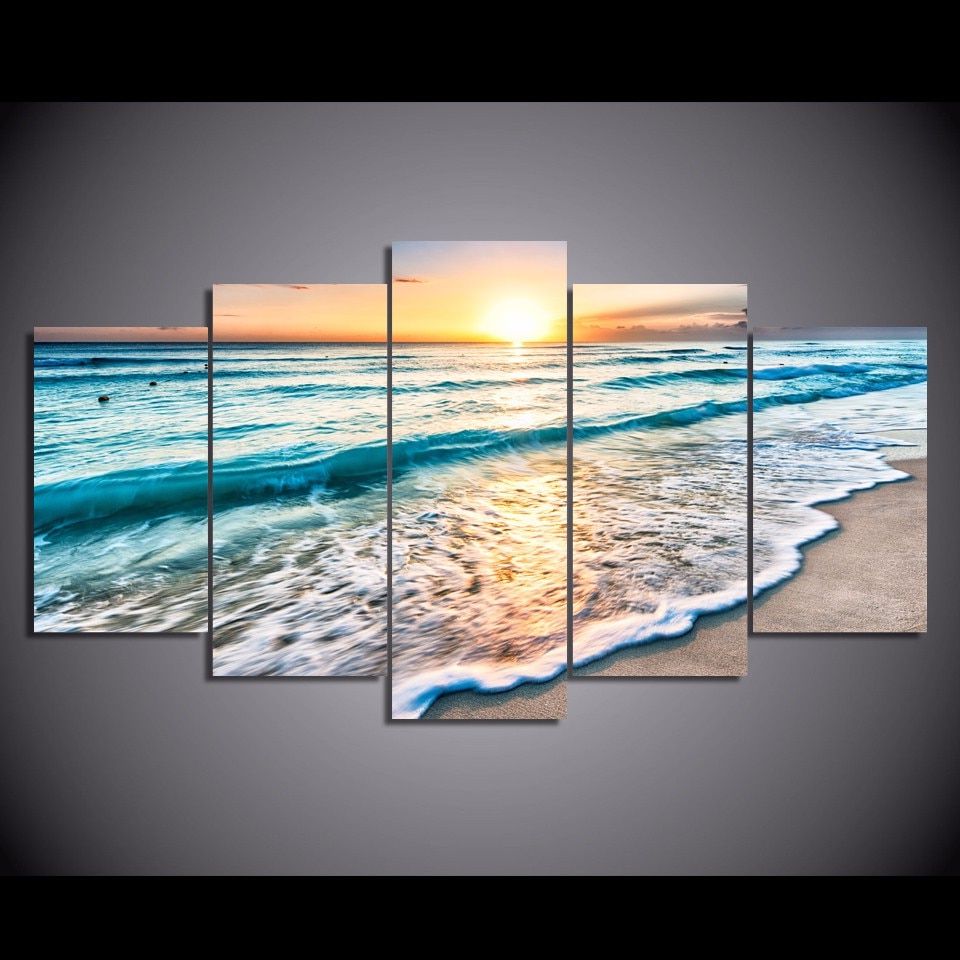 Fashionable Sunset Wall Art Pertaining To Hd Printed 5 Piece Canvas Art Beach Pictures Seascape (View 6 of 20)