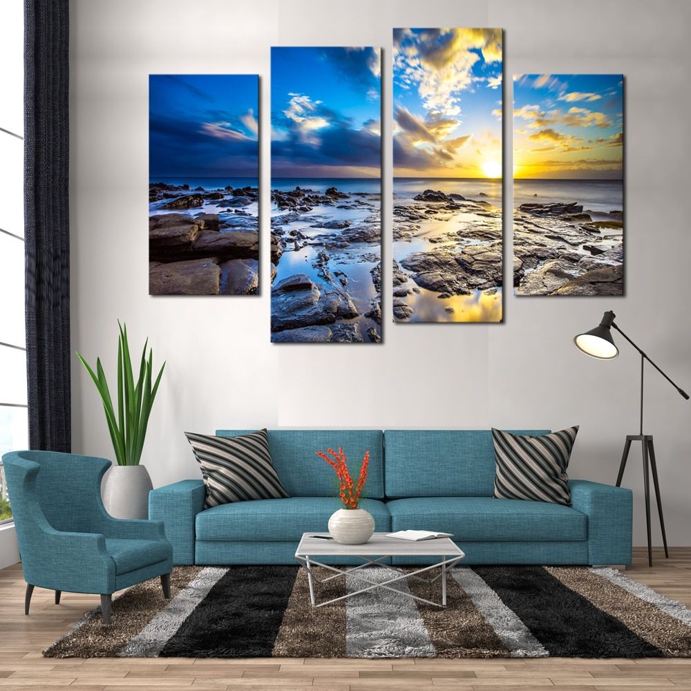 Framed 4 Panels Ocean Scenery Canvas Print Painting Modern Inside Well Known Natural Framed Art Prints (View 15 of 20)