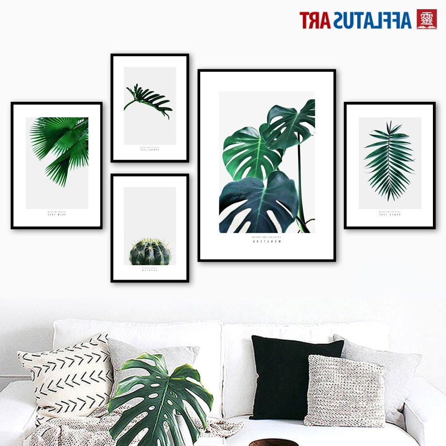 Green Plants Cactus Monstera Palm Leaves Wall Art Canvas Throughout Fashionable Palm Leaves Wall Art (View 9 of 20)