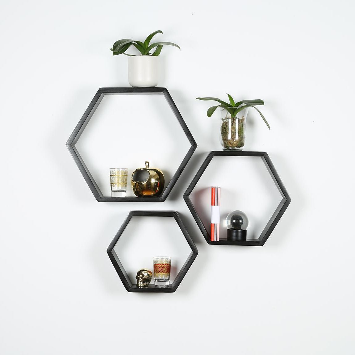 Hexagons Wood Wall Art With Regard To Well Liked Hexagon Shelf Set Of 3 – Black B&k Design And Decor (View 13 of 20)