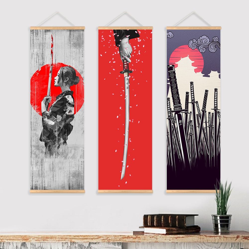 Japanese Samurai Scroll Painting Canvas Print Poster With With Regard To Latest Tokyo Wall Art (View 14 of 20)