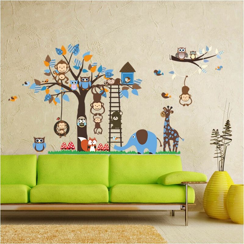 Jungle Wall Art In Well Known Large Jungle Animal Tree Kids Wall Stickers Cute Nursery (View 8 of 20)