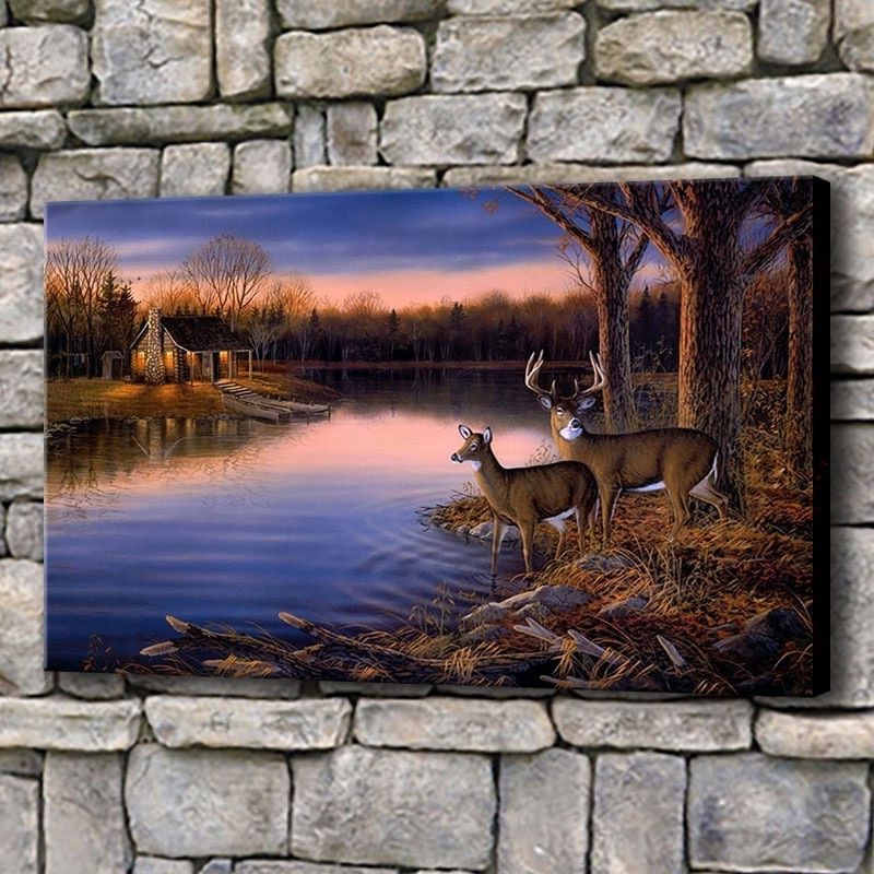 Landscape Framed Art Prints Inside Recent Canvas Pictures Home Decor 1 Piece Deer Lake Sunset Nature (View 2 of 20)