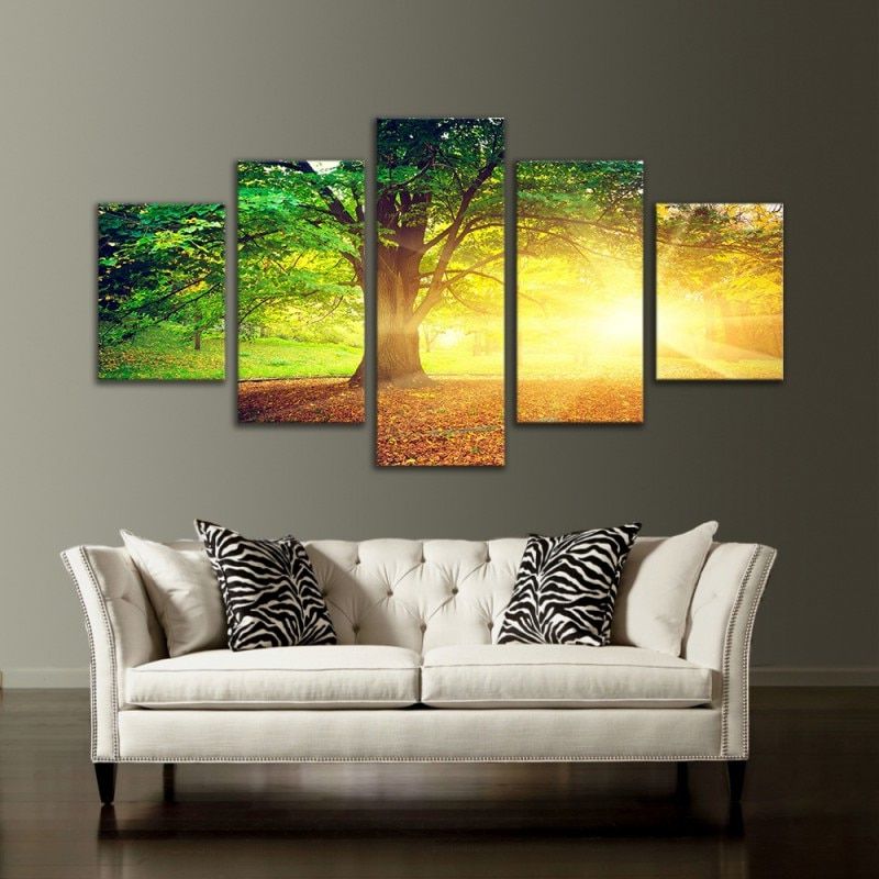 Landscape Framed Art Prints With Most Current 5 Panel Picture Golden Sunshine Forest Tree Landscape (View 5 of 20)