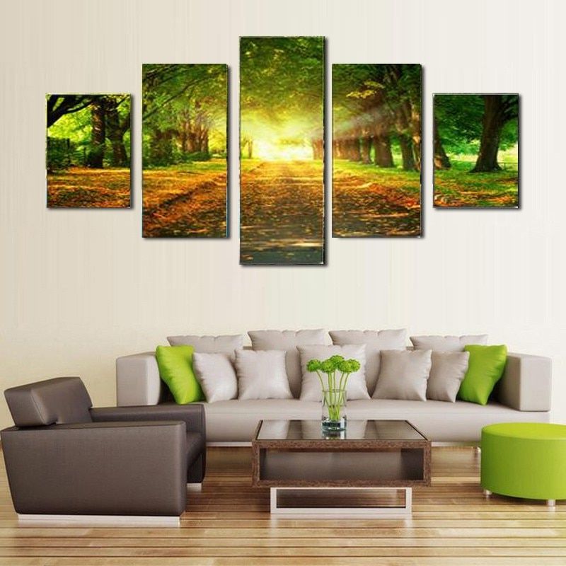 Landscape Wall Art In Famous 5 Piece Canvas Art Print Large Oil Paintng Sunlight Green (View 2 of 20)