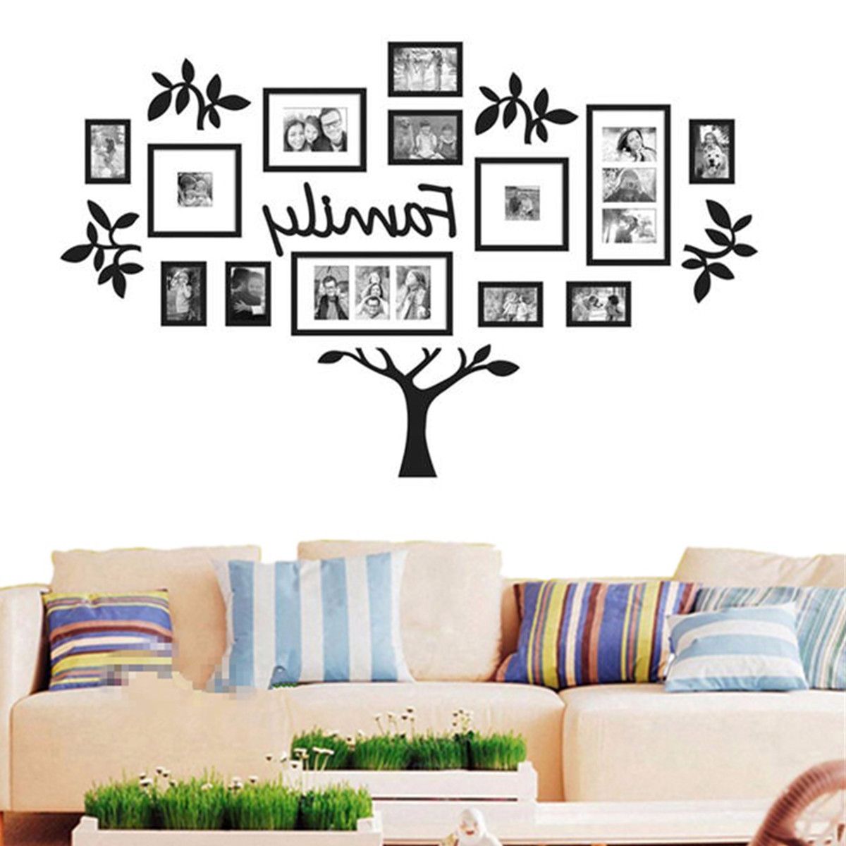 Large Size Family Paper Photo Frame Stickers Tree Picture Intended For Most Recent Stripes Wall Art (View 10 of 20)