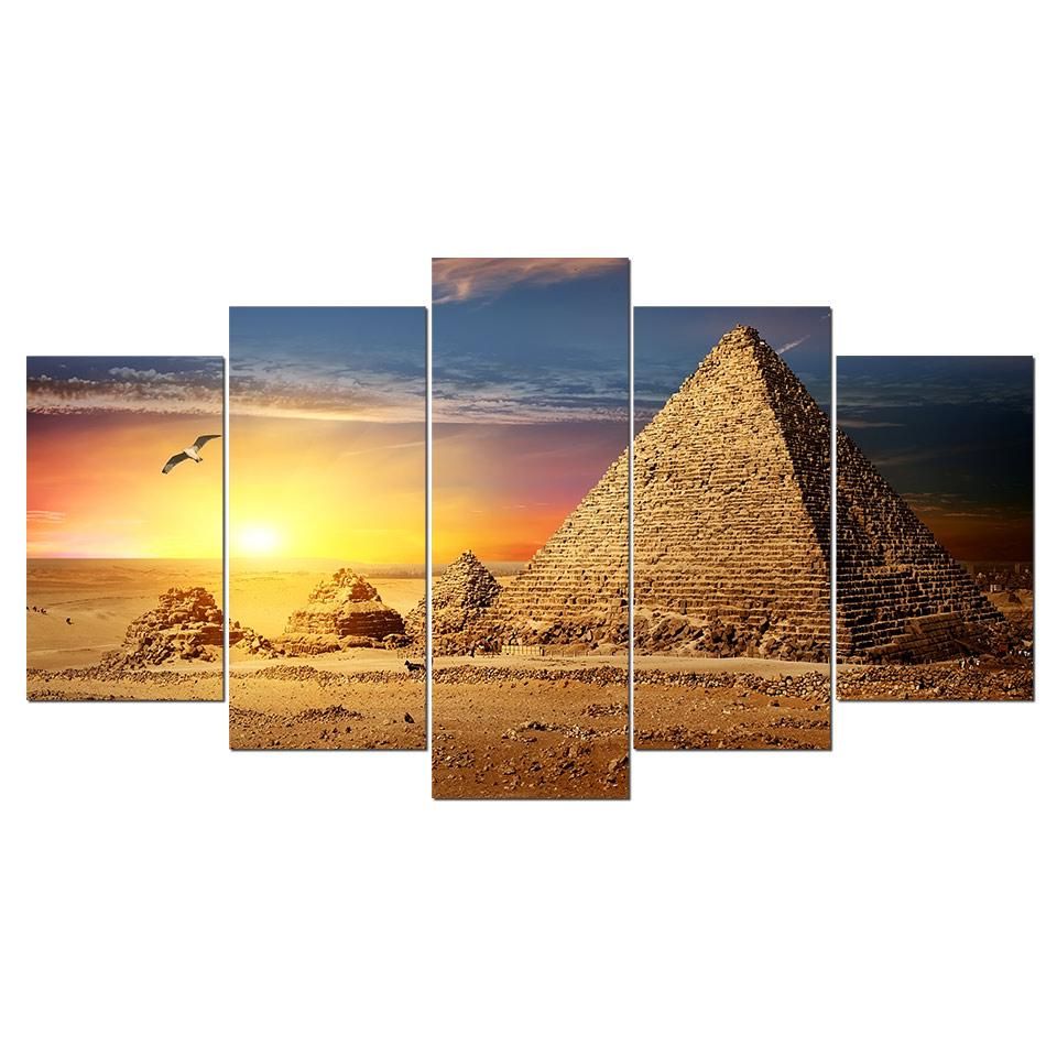 Latest Pyrimids Wall Art Pertaining To Egyptian Pyramid Painting Sunset – Pyramid 5 Panel Canvas (View 5 of 20)