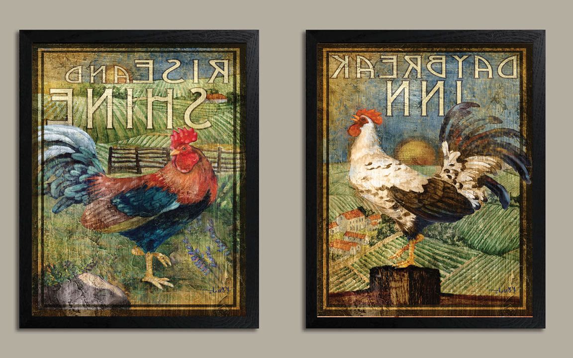 Lines Framed Art Prints Pertaining To Newest 2 Retro Rooster Rustic Art Prints; Country Kitchen Decor (View 1 of 20)