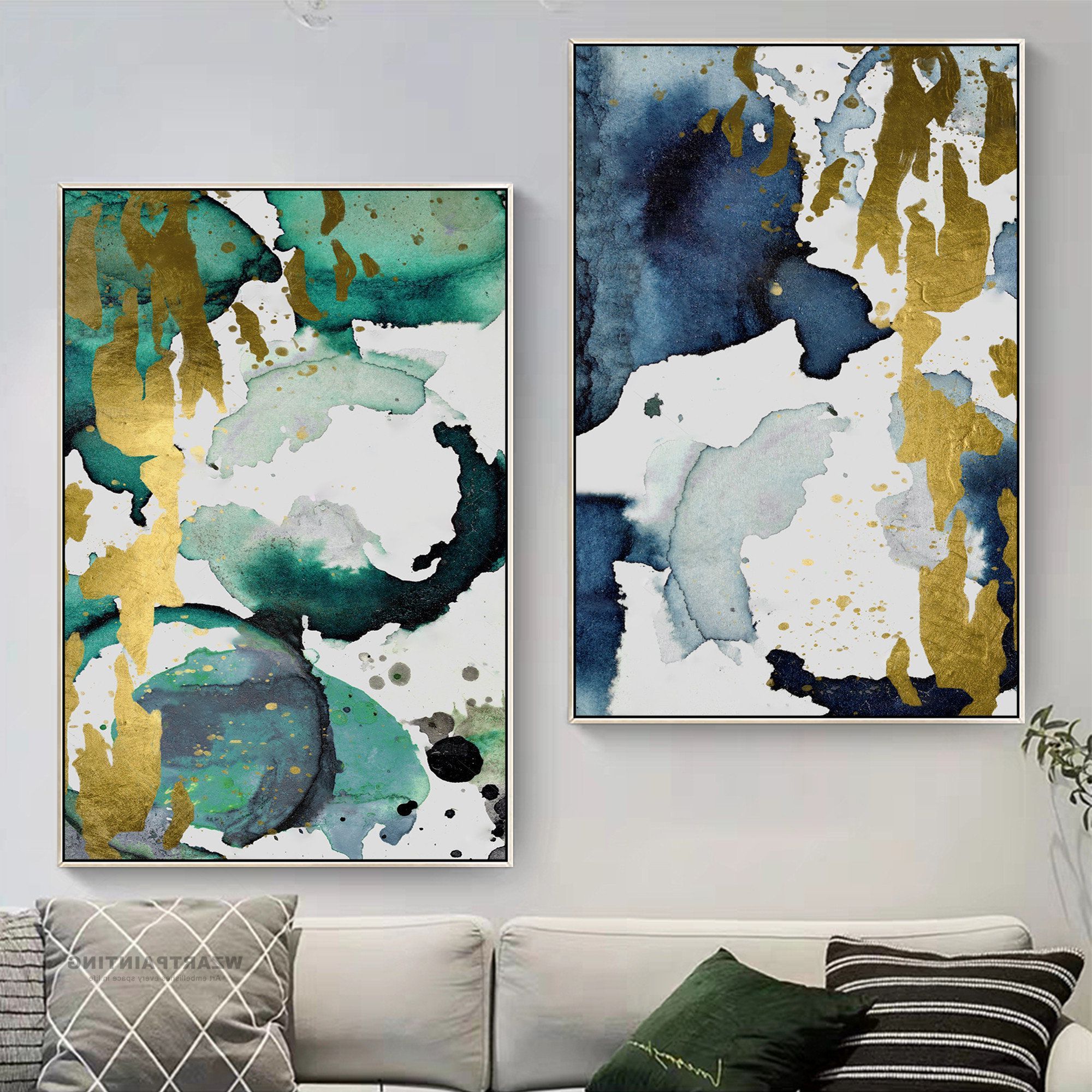 Modern Framed Art Prints Pertaining To Preferred Framed Wall Art Set Of 2 Prints Abstract Gold Green Navy (View 4 of 20)