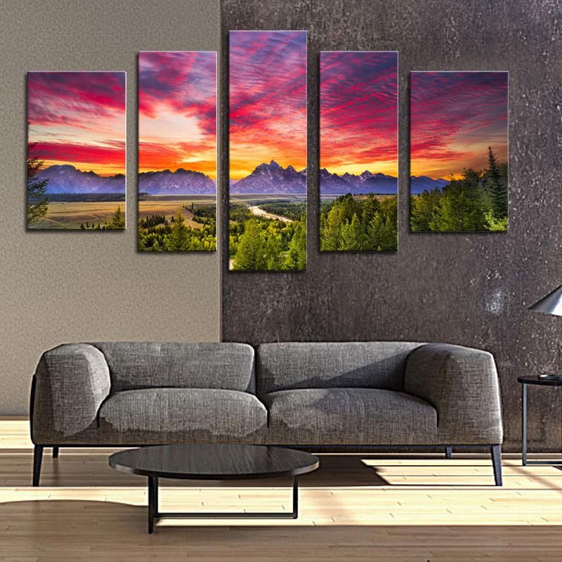 Most Popular 2019 5 Panels Sunset Mountain Painting Wall Art Grand Throughout Sunset Wall Art (View 7 of 20)