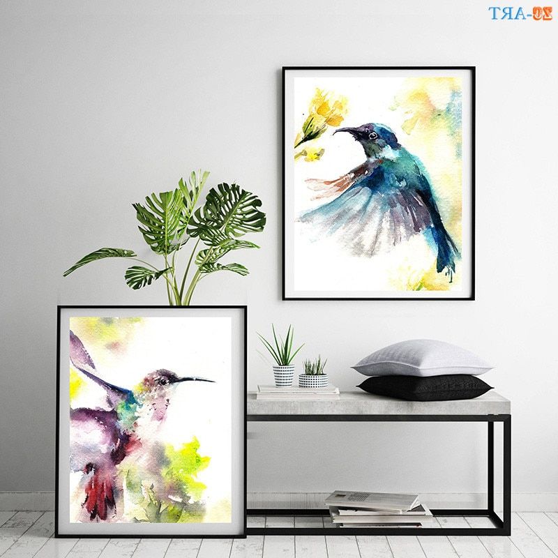 Most Popular Hummingbird Prints Poster Colorful Watercolor Painting With Regard To Colorful Framed Art Prints (View 12 of 20)