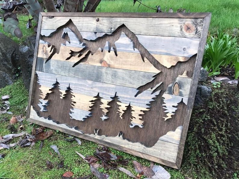 Mountains Wood Wall Art Inside Well Liked Medium Rustic Mountains And Trees Silhouette Wood Wall Art (View 20 of 20)