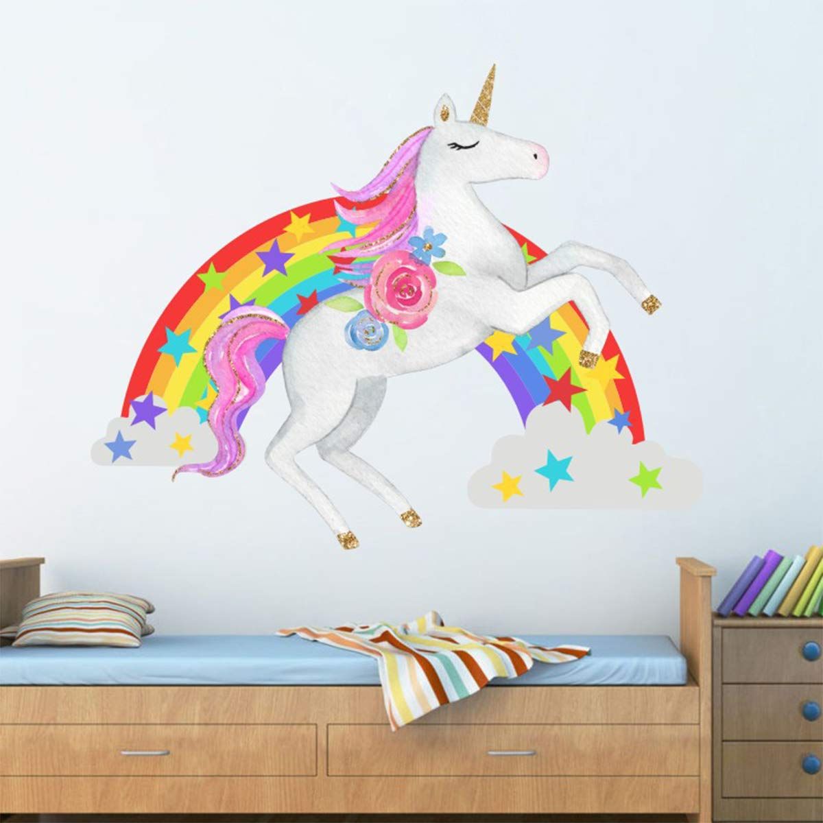 Newest Bamsod Unicorn Wall Stickers Rainbow Kids Wall Decal Art Pertaining To Rainbow Wall Art (View 10 of 20)