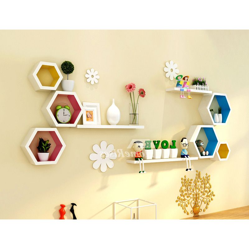 Newest Wall Mounted Wood Shelves Decorative Hexagon White Modern Intended For Hexagons Wood Wall Art (View 19 of 20)