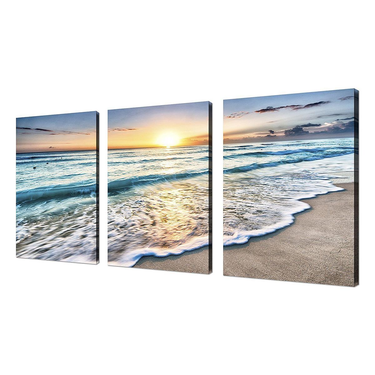 Popular Beach Canvas Wall Art Sunset Sand Ocean Sea Wave 3 Panel In Sunset Wall Art (View 8 of 20)