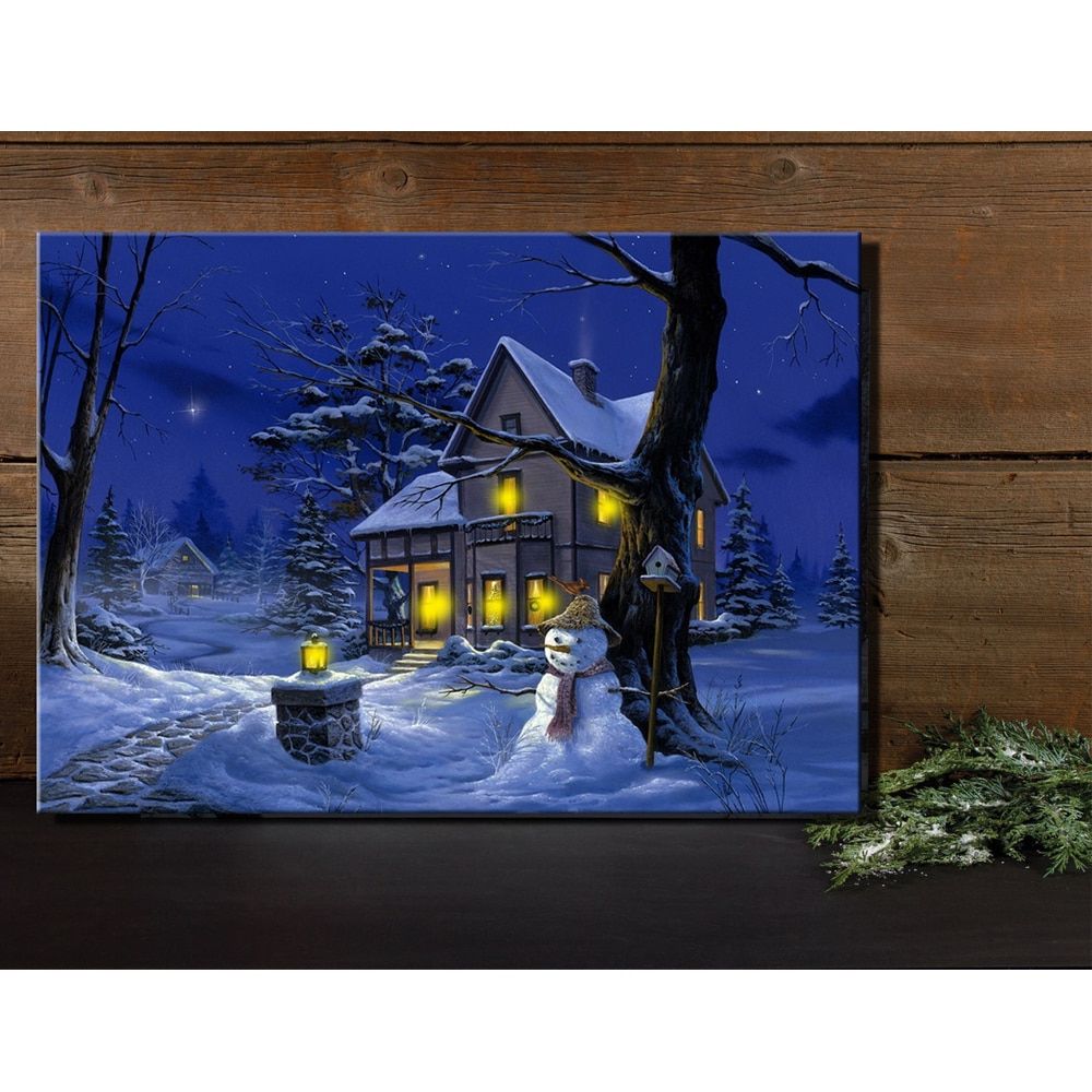 Preferred Led Canvas Art Illustrated Beautiful Cottages With Snowman Within Night Wall Art (View 9 of 20)
