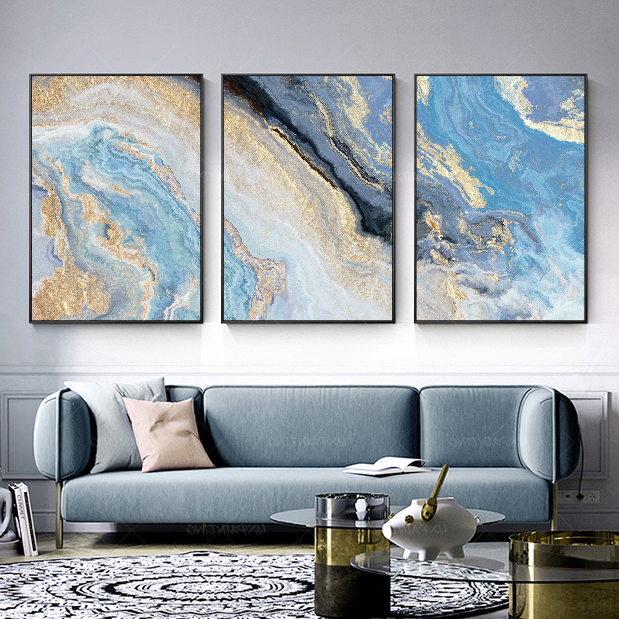 Set Of 3 Art Printable Wall Art Gold Blue Acrylic Pour Sea Regarding Newest Wave Wall Art (View 6 of 20)