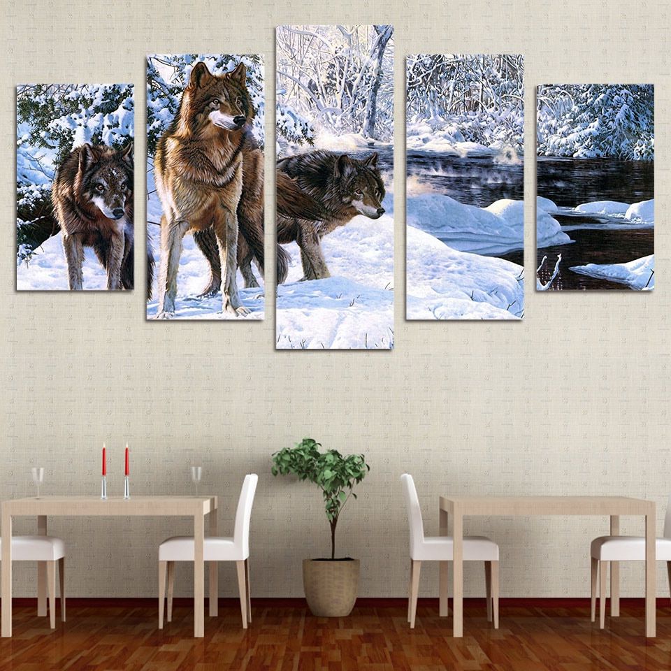 Snow Wall Art Intended For Latest 5 Piece Canvas Art Snow Wolf Ice Hd Print Wall Pictures (View 4 of 20)