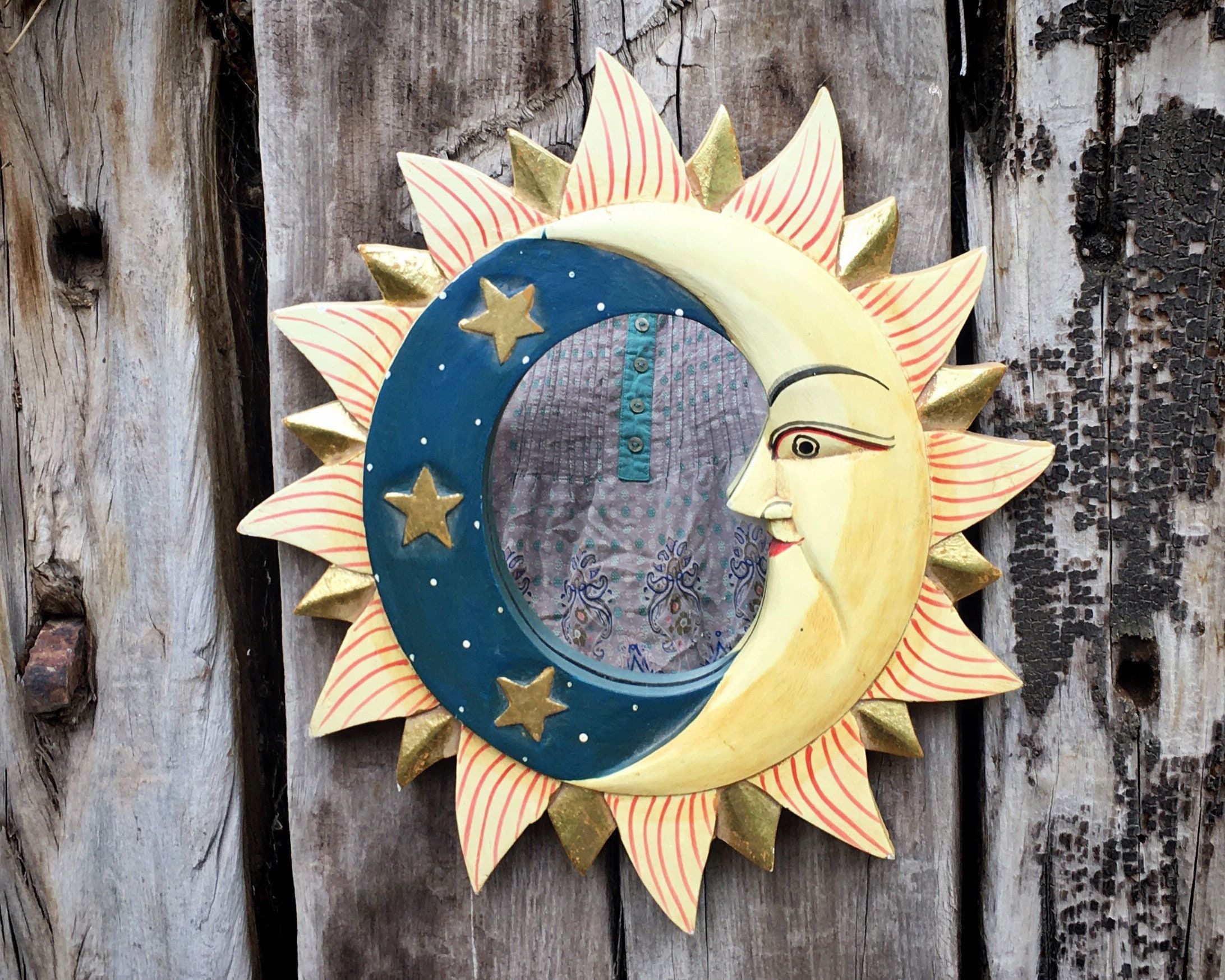 Sun Wood Wall Art Throughout Well Known Vintage Painted Wood Sun And Moon Small Space Wall Mirror (View 17 of 20)