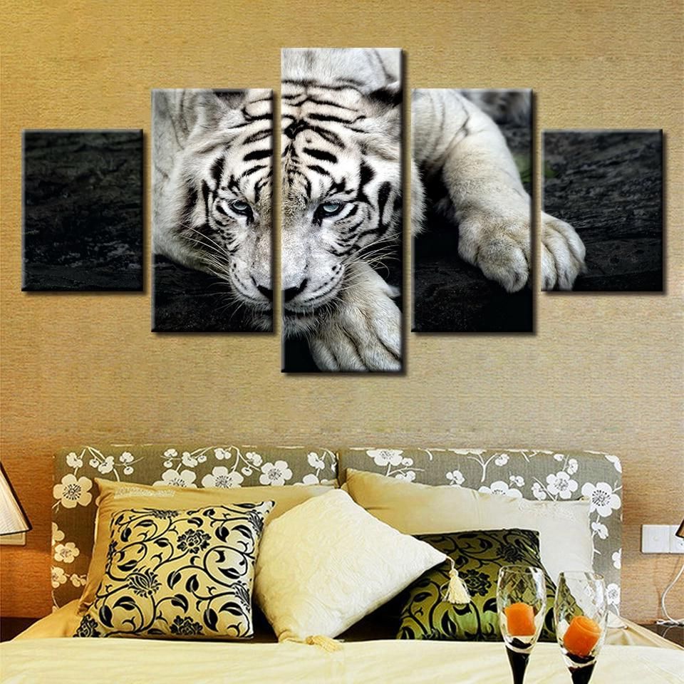Tiger Wall Art Intended For Recent White Tiger 06 – Animal 5 Panel Canvas Art Wall Decor (View 2 of 20)