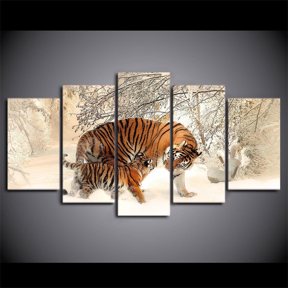 Well Known Tiger Wall Art Regarding 5 Pieces Canvas Prints Snow Mountain Tiger Painting Wall (View 7 of 20)