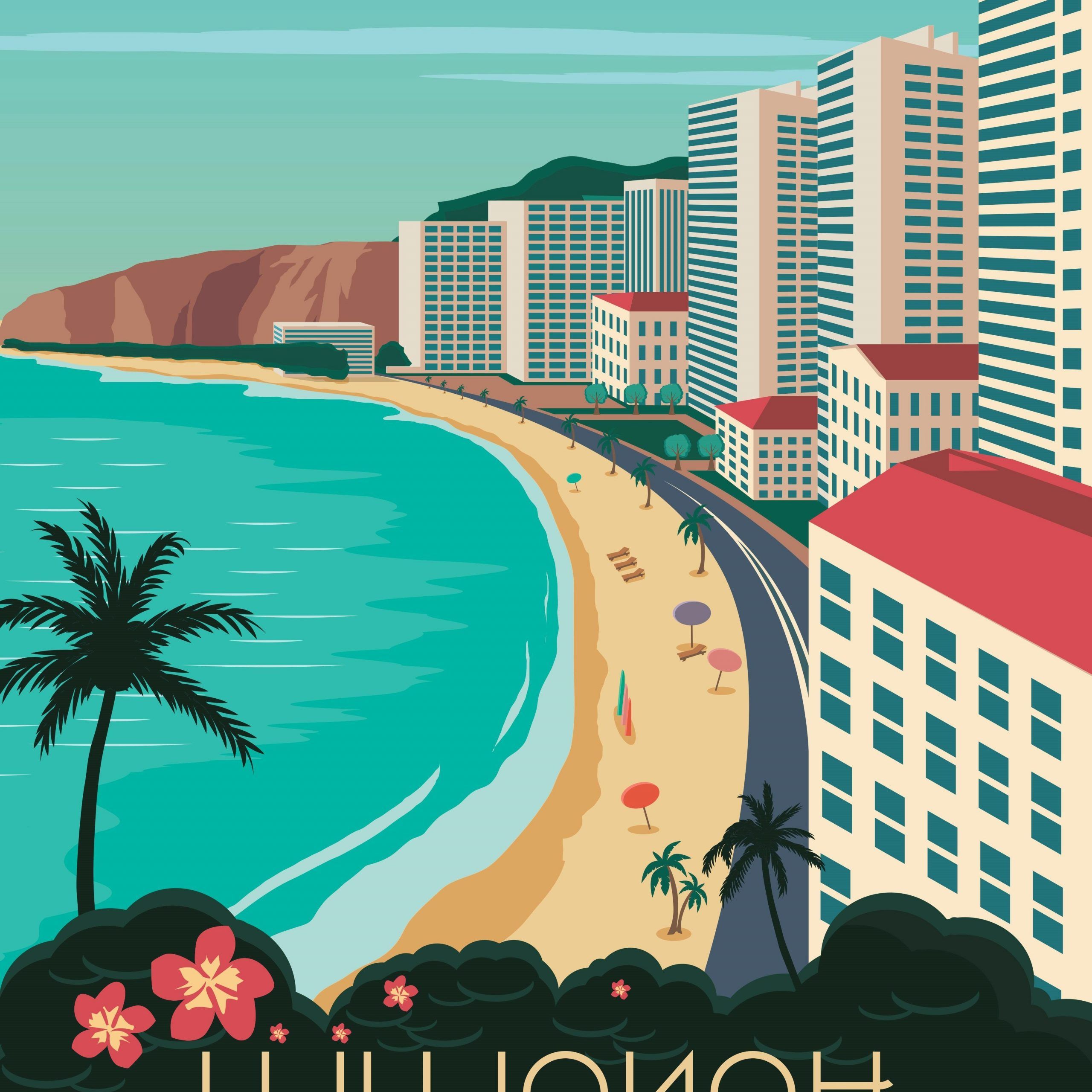 Well Liked Hawaii Travel Poster Vintage Retro Wall Art Honolulu Map For Hawaii Wall Art (View 2 of 20)