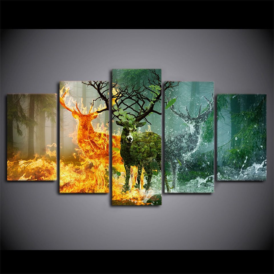 5 Panel Hd Printed Nature Forest Deer Wall Art Pictures Modular Home For 2017 Natural Wall Art (View 14 of 15)