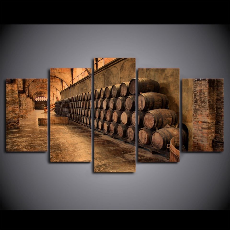 5 Pieces Wine Cellar Barrels Wall Art Canvas Pictures For Living Room Intended For Newest Wine Wall Art (View 14 of 15)