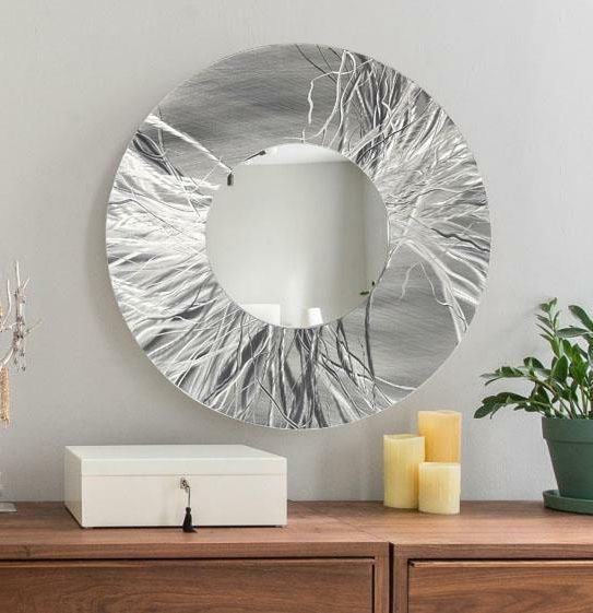 Abstract Hand Etched Silver Metal Wall Art Mirror Round Wall Mirror Intended For Trendy Metal Mirror Wall Art (View 10 of 15)