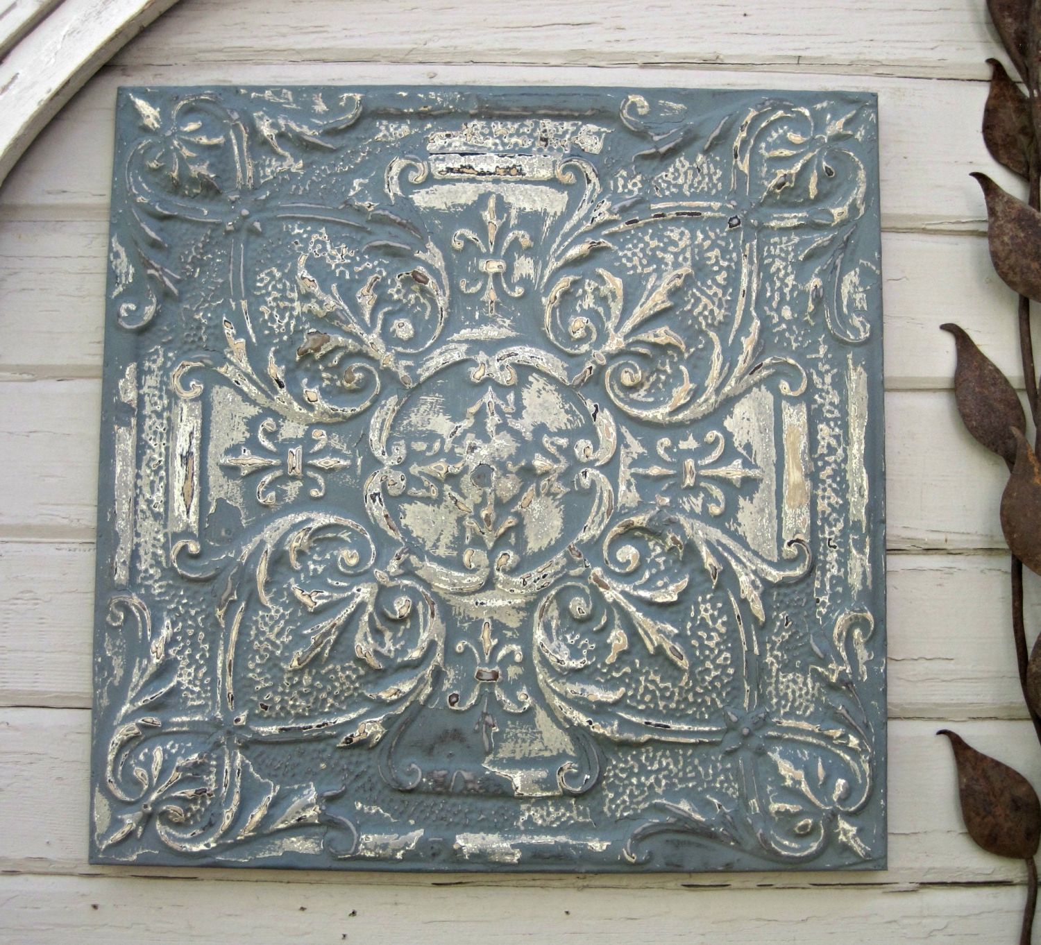 Antique Ceiling Tin Tile Framed Large Blue Metal Wall Art (View 14 of 15)
