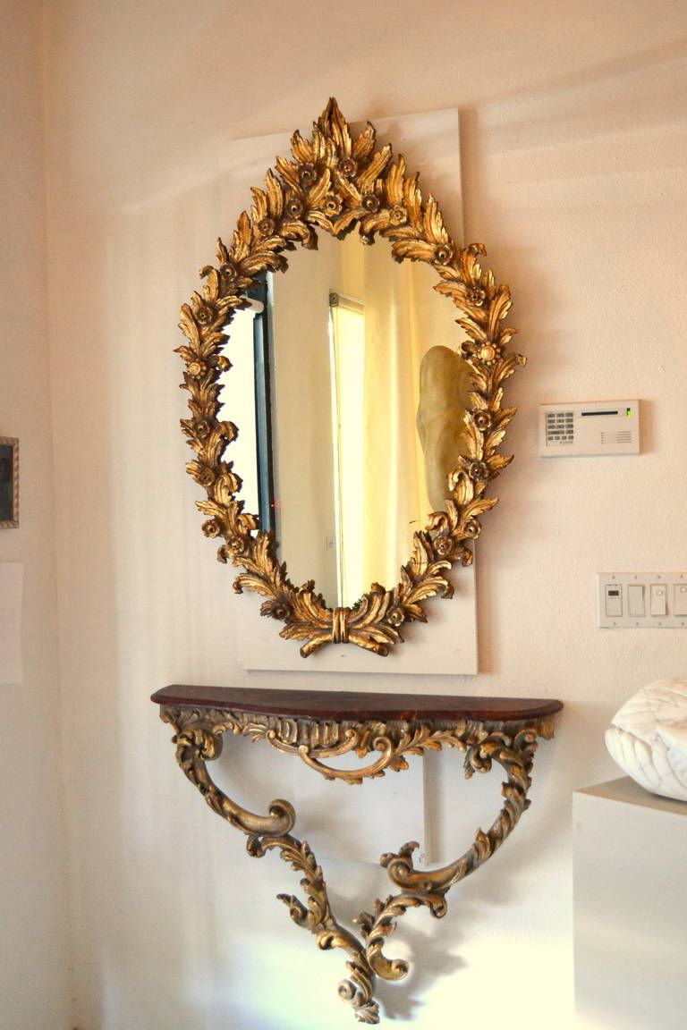 Antique Italian Gold Leaf Mirror And Console Table For Sale At 1stdibs With Regard To Current Ring Shield Gold Leaf Wall Mirrors (View 1 of 15)
