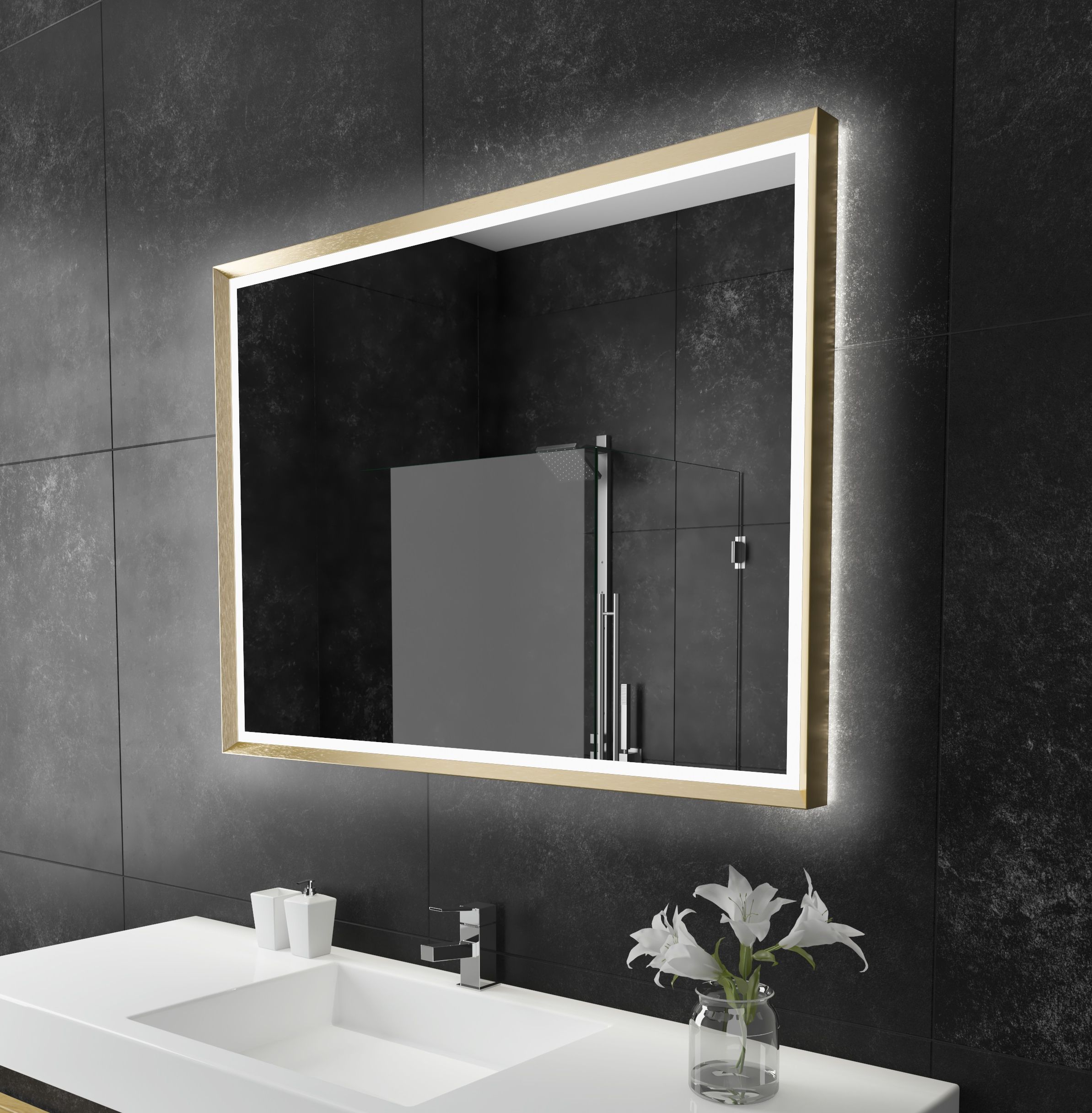 Backlit Mirror Opera 48 X 35 Gold Inside Popular Edge Lit Square Led Wall Mirrors (View 1 of 15)