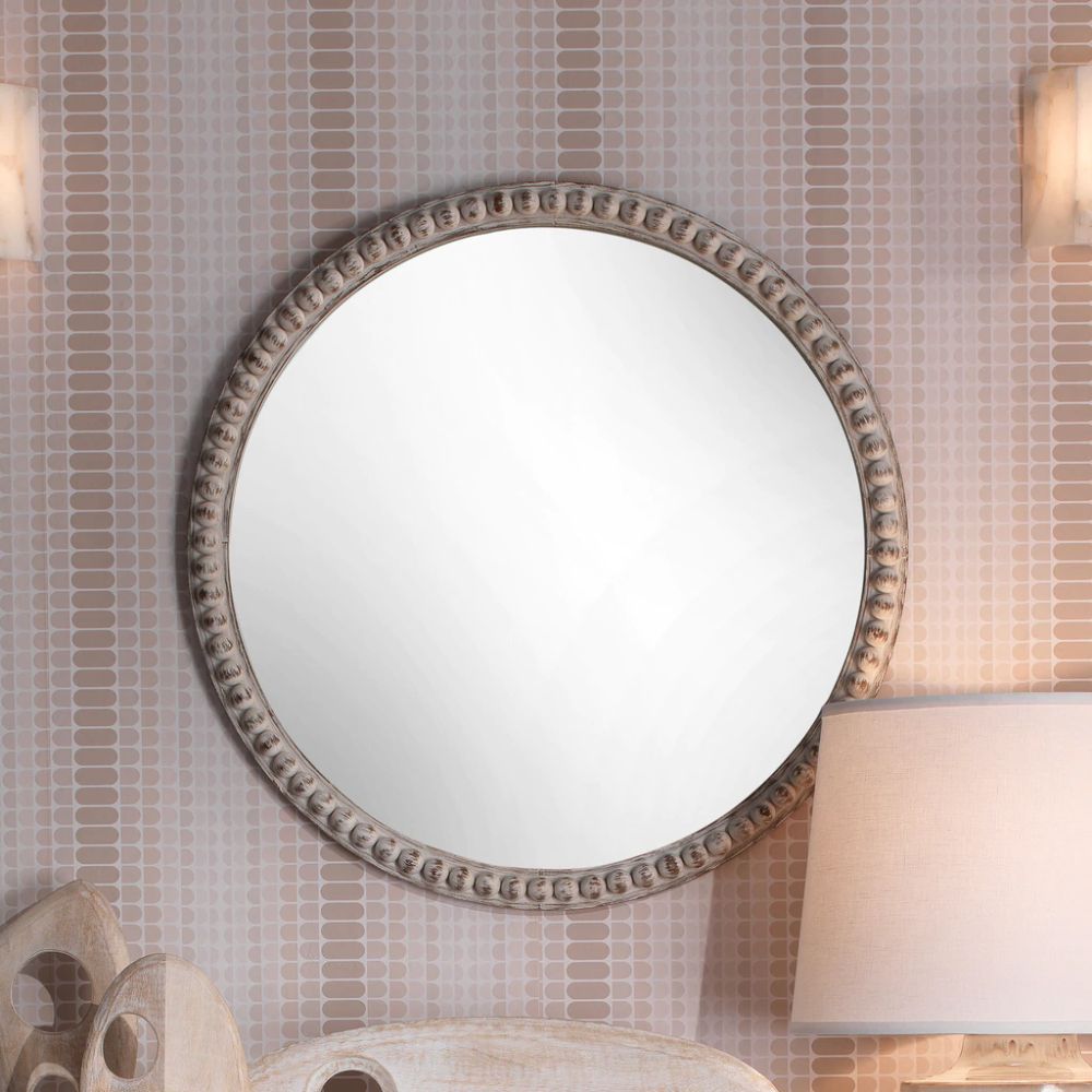 Beaded Mirror, Whitewash Wood With Regard To Widely Used Stitch White Round Wall Mirrors (View 10 of 15)