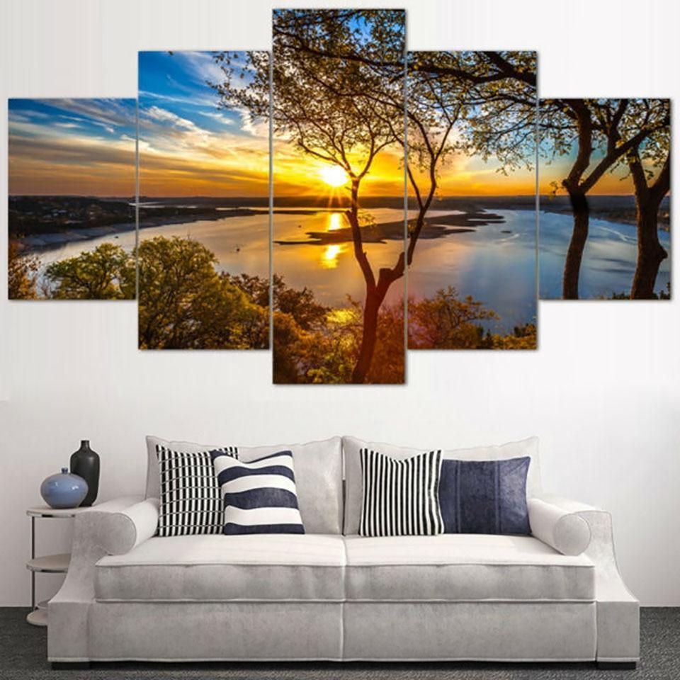 Beautiful Sunrise Lakeview – Nature 5 Panel Canvas Art Wall Decor With Well Known Natural Wall Art (View 3 of 15)