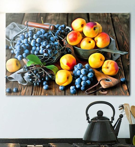 Best And Newest Grapes Wall Art With Regard To Grapes & Peaches Canvas, Fruit Art, Kitchen Wall Art, Fruit Print (View 14 of 15)