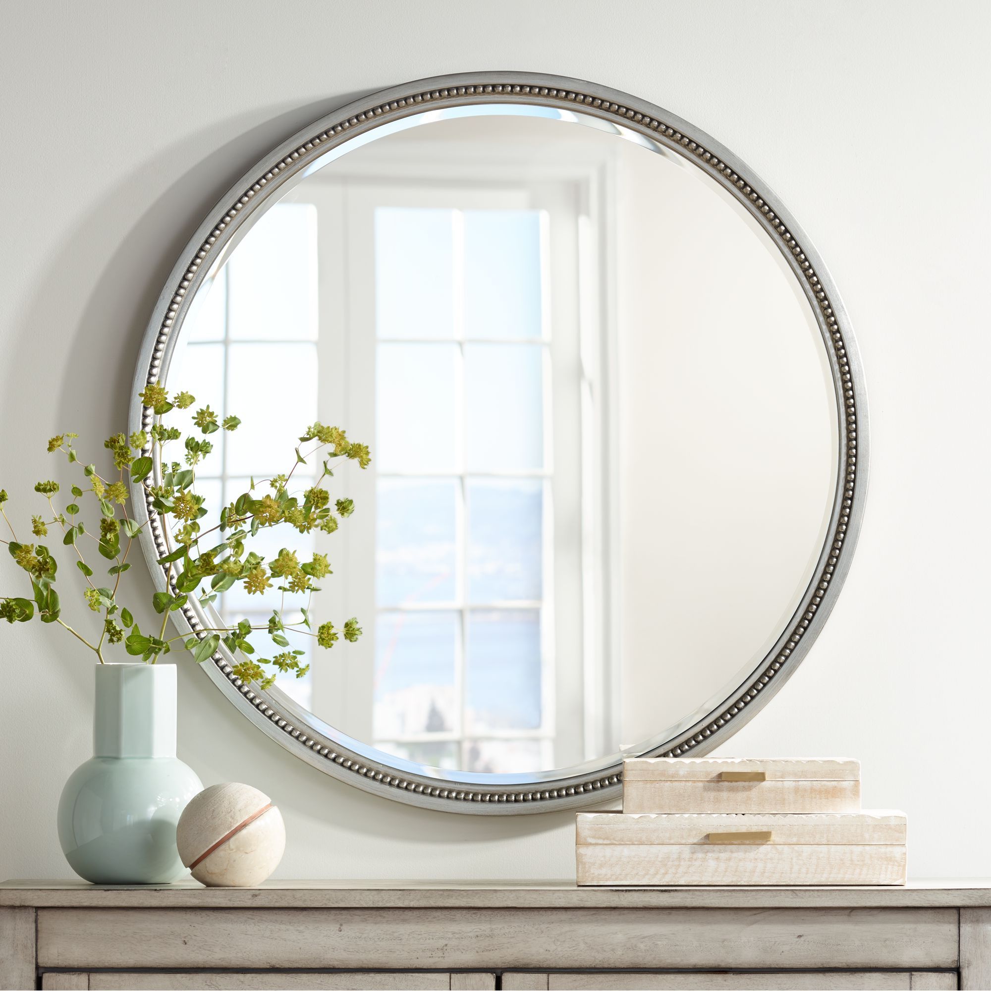 Best And Newest Silver Beaded Square Wall Mirrors Throughout Noble Park Lorraine Silver 32 3/4" Round Beaded Trim Wall Mirror (View 1 of 15)