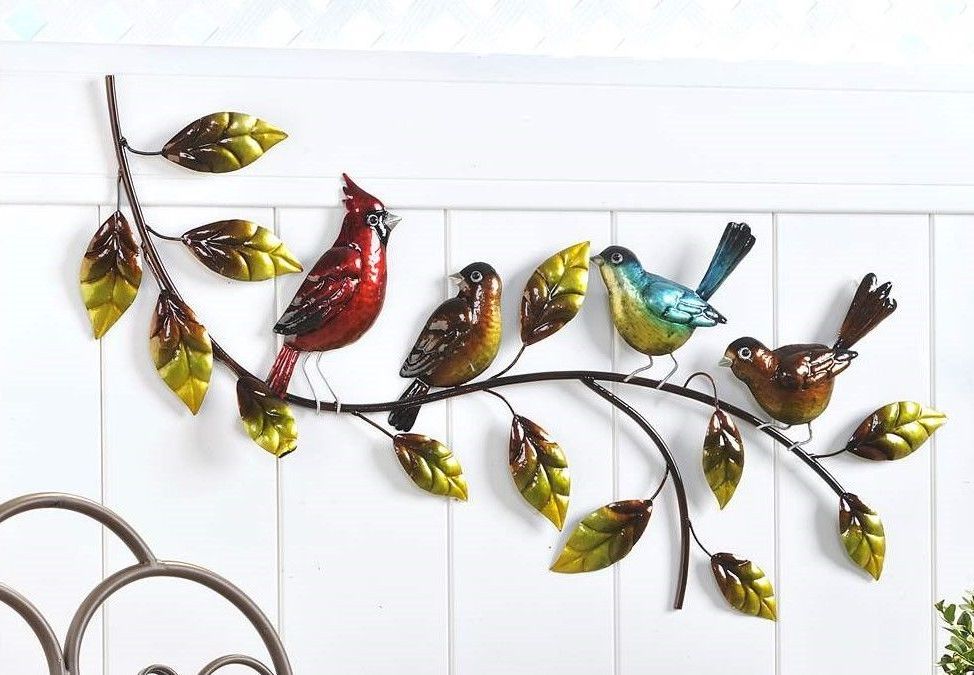 Birds On Leaf Branch Iron Wall Decor – Cardinal, Blue Jay Robin For Trendy Birds Metal Wall Art (View 12 of 15)