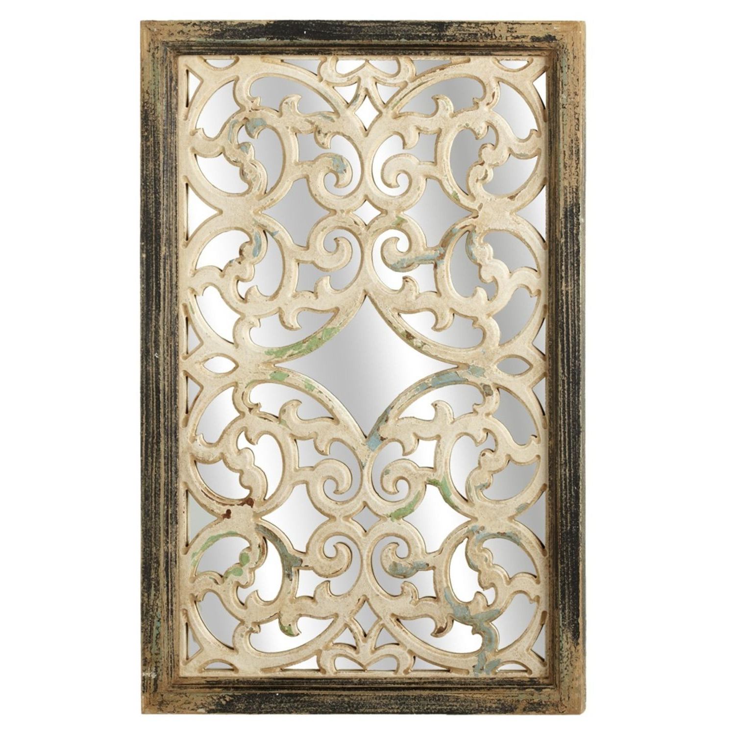 Black Wood Wall Mirrors Throughout 2020 34" Black And White Scroll Inlaid Distressed Wooden Framed Wall Mirror (View 4 of 15)
