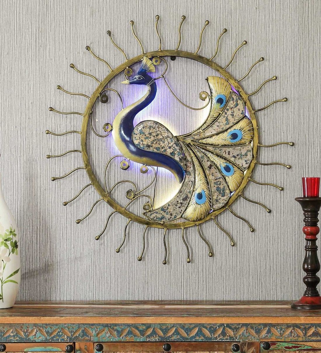 Buy Blue Metal Round Mosaic Peacock Wall Artdecocraft Online Intended For Well Known Round Metal Wall Art (View 11 of 15)