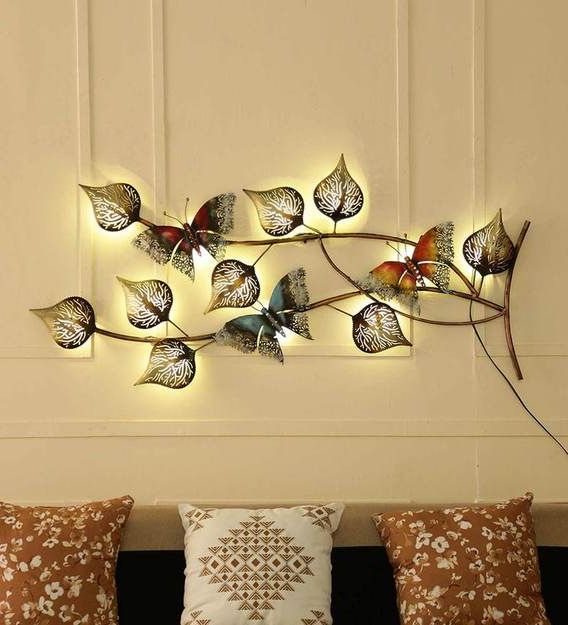 Buy Metal Butterfly On Leaf With Led In Multicolour Wall Artmalik With Widely Used Pierced Metal Leaf Wall Art (View 2 of 15)