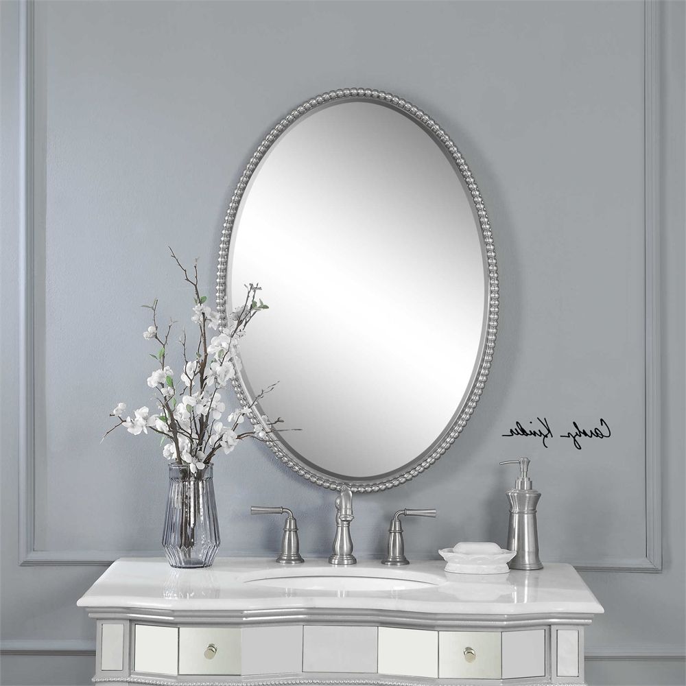 Current Brushed Nickel Round Wall Mirrors In Silver Nickel Beaded Edge Oval Wall Mirror 32" Vanity Bathroom Horchow (View 4 of 15)