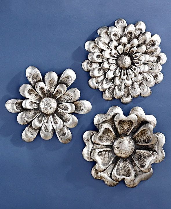 Current Pewter Metal Wall Art With 3 Large Metal Pewter Flower Wall Sculptures Wall Art Living Room Home (View 9 of 15)