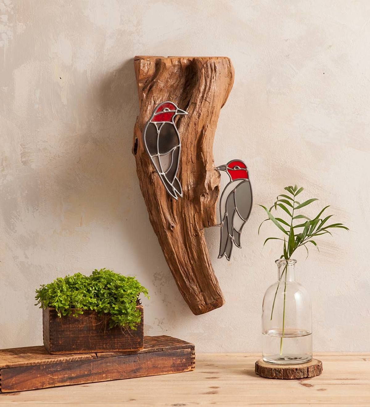 Current Stained Glass Woodpeckers On Natural Teak Wood Wall Art (View 1 of 15)