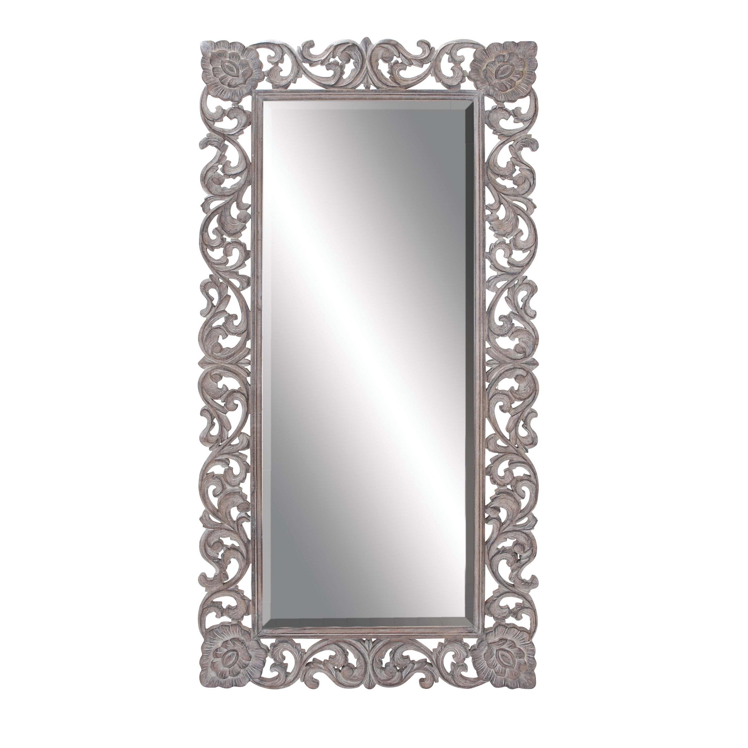 Decmode Full Length Rectangular Distressed Grey Wood Carved Frame Wall Pertaining To Most Popular Mahogany Full Length Mirrors (View 6 of 15)