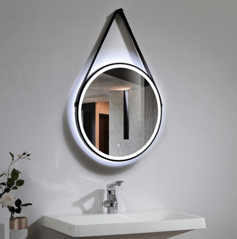Fashionable Black Framed Strap Hanging Led Round Mirror 60cm (View 3 of 15)