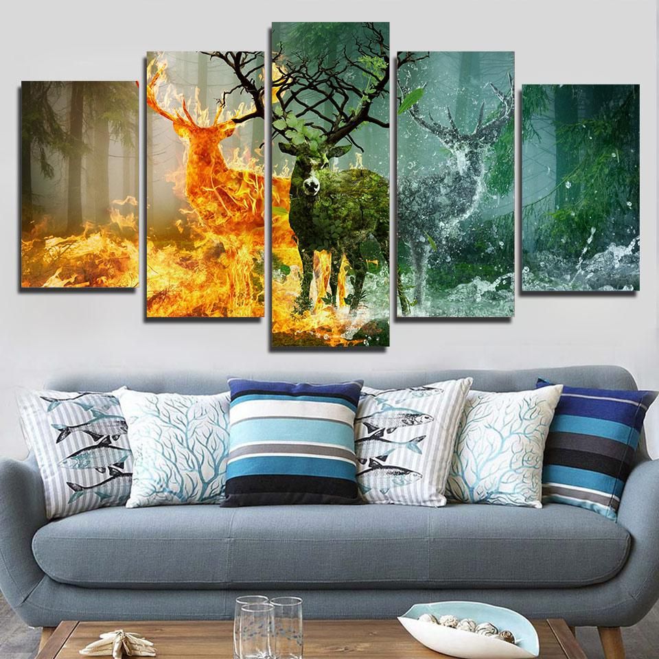 Fashionable Natural Wall Art With Regard To 5 Panel Wall Art Canvas Paintings Abstract Art Deer Canvas Painting (View 13 of 15)