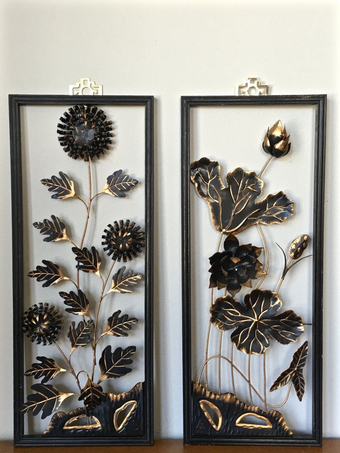 Favorite Black Antique Silver Metal Wall Art With Mid Century Asian Metal Wall Art Panels Gold Black Floral Pair (View 2 of 15)