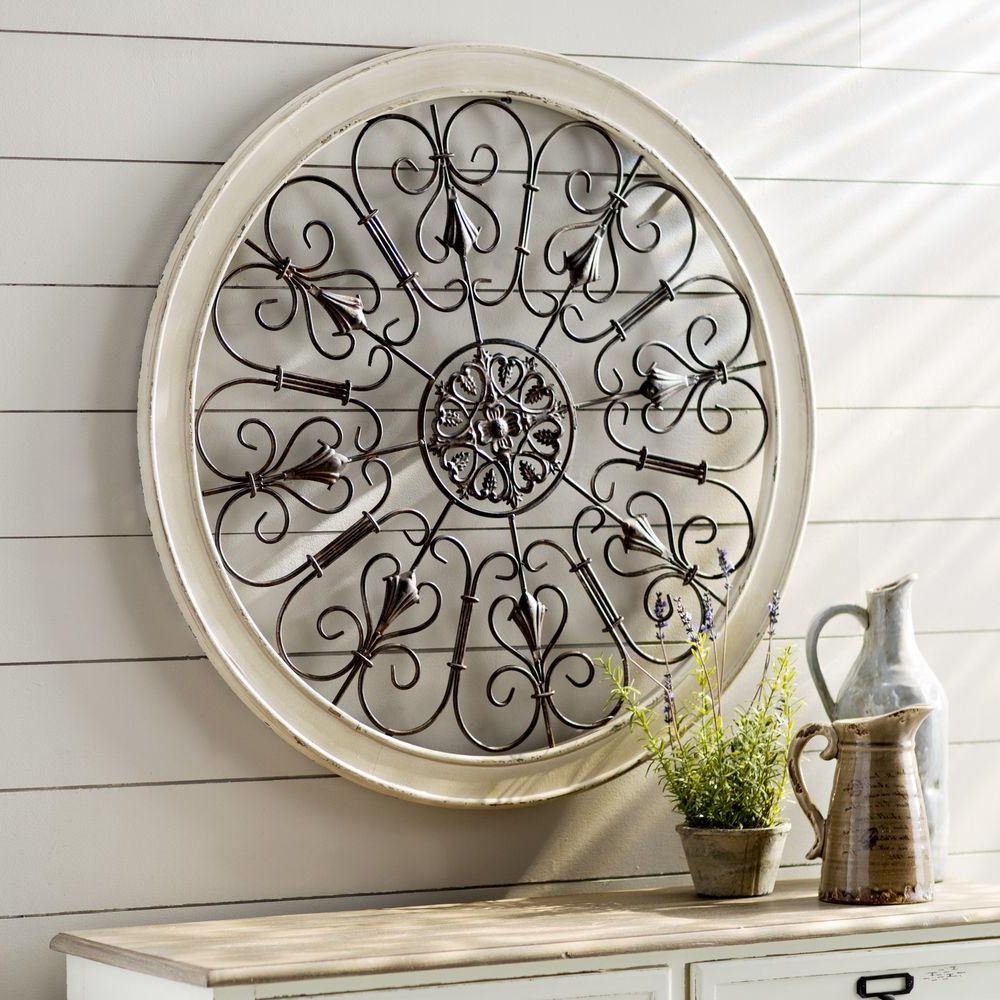 Glossy Circle Metal Wall Art Intended For Well Known White Round Wrought Iron Wall Decor Rustic Scroll Antique (View 1 of 15)