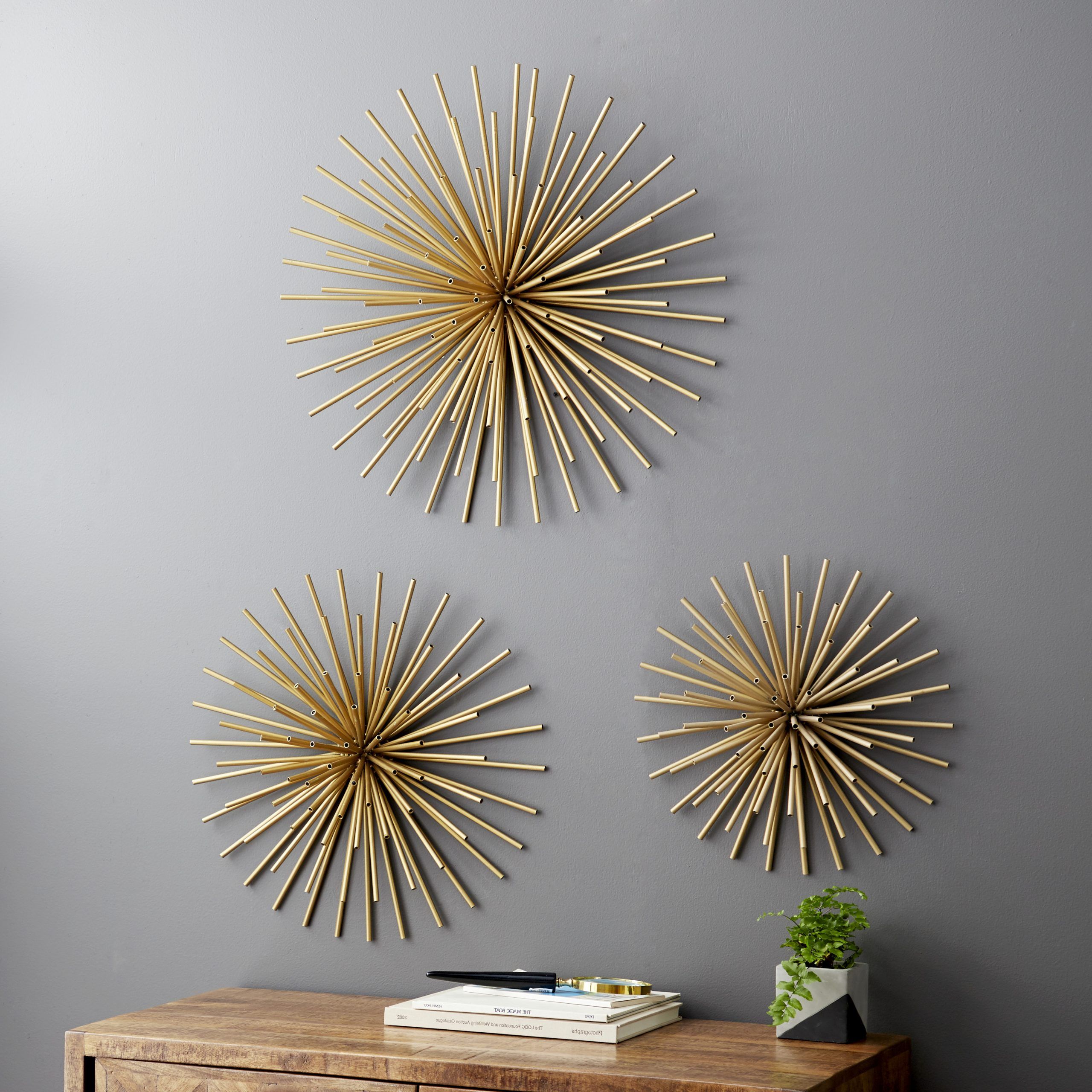 Gold Fan Metal Wall Art For Widely Used Decmode Indoor Gold Iron Tubes Contemporary Wall Decor, Set Of  (View 1 of 15)